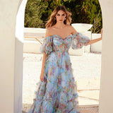 Juliet JT2887C Whimsy Sweetheart Off Shoulder Ruffled A-Line Print Gown