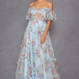 Juliet JT2887C Whimsy Sweetheart Off Shoulder Ruffled A-Line Print Gown