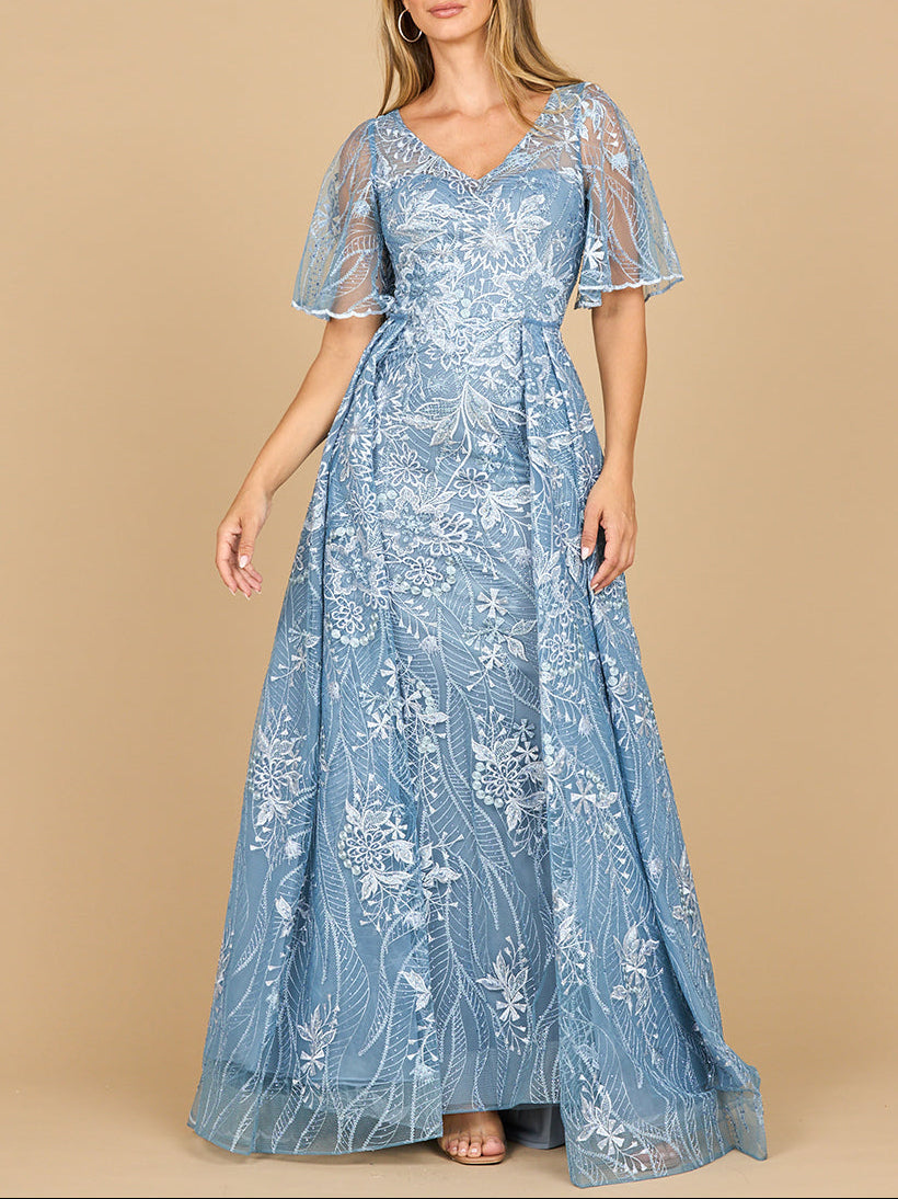 Lara 28880- Overskirt Lace Fitted V-Neck Gown with Cape Sleeves