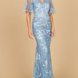 Lara 28880- Overskirt Lace Fitted V-Neck Gown with Cape Sleeves