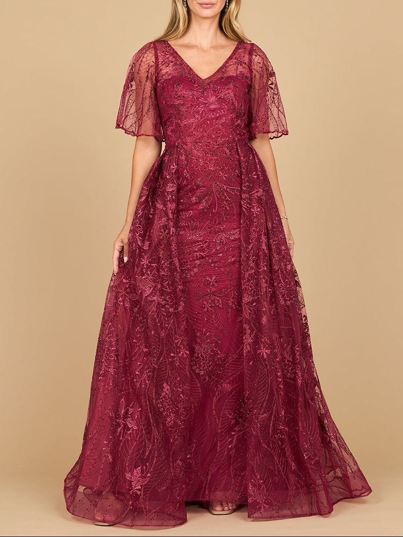 Lara 28880- Overskirt Lace Fitted V-Neck Gown with Cape Sleeves