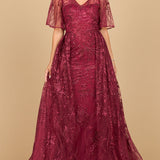 Lara 28880- Overskirt Lace Fitted V-Neck Gown with Cape Sleeves