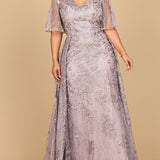 Lara 28880- Overskirt Lace Fitted V-Neck Gown with Cape Sleeves