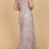 Lara 28880- Overskirt Lace Fitted V-Neck Gown with Cape Sleeves