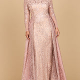 Long Sleeve Gown with Overskirt & Illusion Neckline