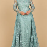 Long Sleeve Gown with Overskirt & Illusion Neckline