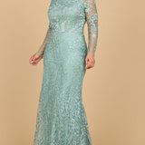 Long Sleeve Gown with Overskirt & Illusion Neckline