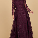 Long Sleeve Gown with Overskirt & Illusion Neckline