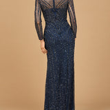 Illusion Neck, Long Sleeve Beaded Gown