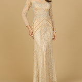 Illusion Neck, Long Sleeve Beaded Gown
