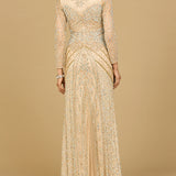 Illusion Neck, Long Sleeve Beaded Gown