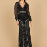 V Neck Beaded Long Sleeve Maxi Dress
