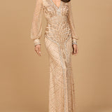 V Neck Beaded Long Sleeve Maxi Dress
