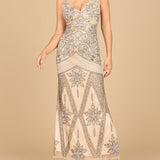 Contrast Beaded V-Neck Fitted Gown