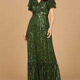 Elegant Beaded Gown with Flutter Sleeves