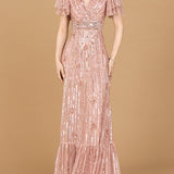 Elegant Beaded Gown with Flutter Sleeves