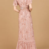 Elegant Beaded Gown with Flutter Sleeves