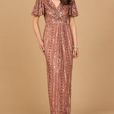 Fully Beaded Gown with Flutter Sleeves