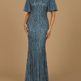 Beaded Gown with Flutter Sleeves