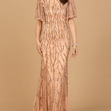 Beaded Gown with Flutter Sleeves