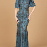 Beaded Gown with Flutter Sleeves