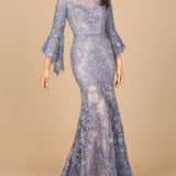 Illusion Neck, Long Bell Sleeve Gown