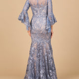 Illusion Neck, Long Bell Sleeve Gown