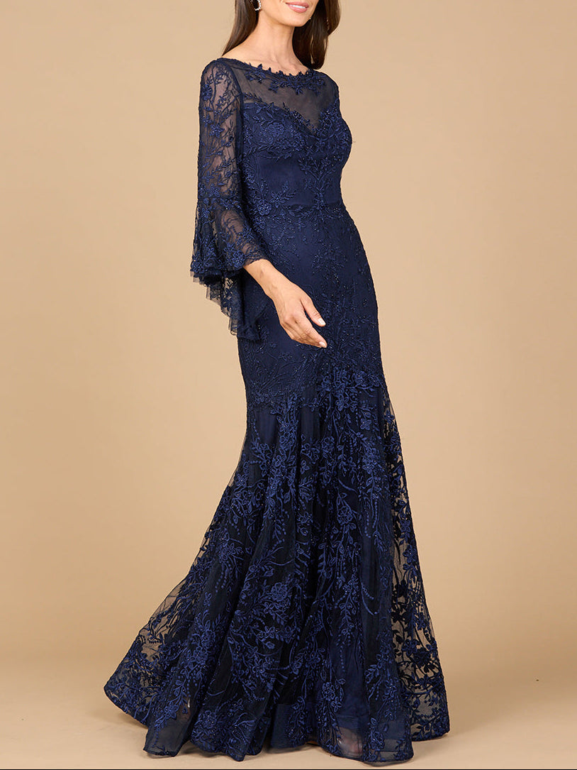 Illusion Neck, Long Bell Sleeve Gown