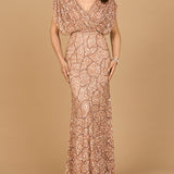 Beaded Gown with Draped Cape Sleeves