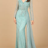 Long Sleeve V-Neck Gown with Drape