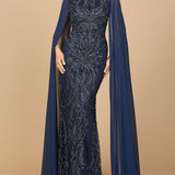 High Neck Gown with Chiffon Cape Sleeves