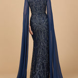 High Neck Gown with Chiffon Cape Sleeves