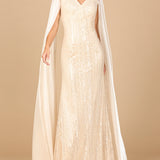 Beaded Gown with Satin Cape Sleeves