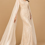 Beaded Gown with Satin Cape Sleeves