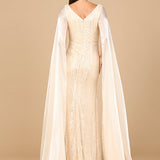 Beaded Gown with Satin Cape Sleeves