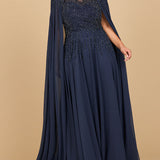 Lara 28943- Chiffon A-line Long Gown with Long Cape Sleeves