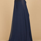 Lara 28943- Chiffon A-line Long Gown with Long Cape Sleeves