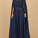 Lara 28943- Chiffon A-line Long Gown with Long Cape Sleeves