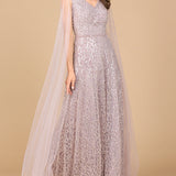 Beaded Lace Gown with Cape Sleeves