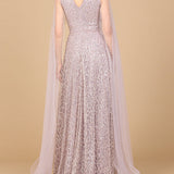 Beaded Lace Gown with Cape Sleeves