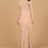 Beaded Long Sleeve Gown with Tulle Applique