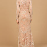 Beaded Long Sleeve Gown with Tulle Applique