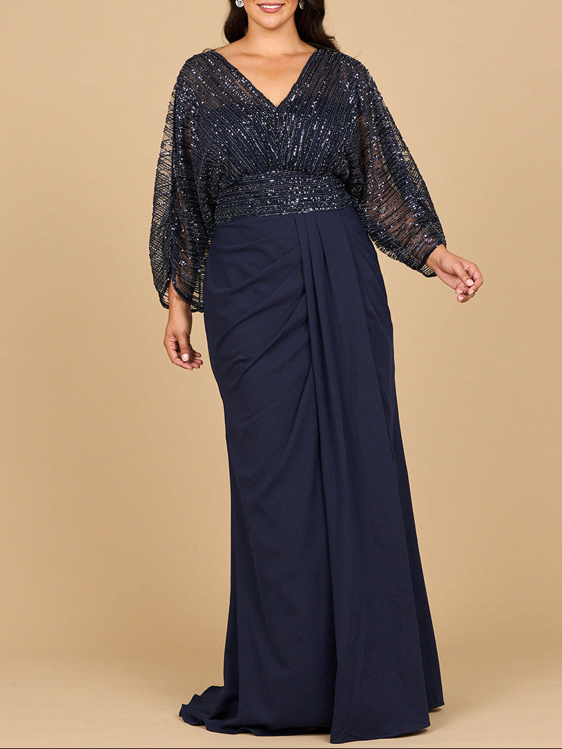 Lara 28950- Draped Skirt Gown with Cape Sleeves