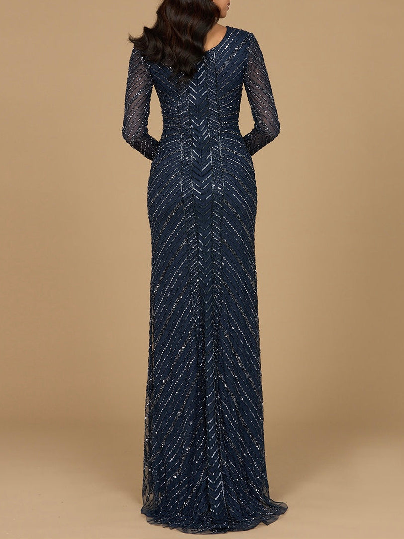 Long Sleeve Linear Focus Beaded Gown