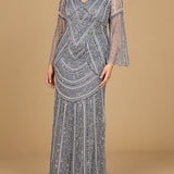 Long Sleeve Beaded Gown with Trumpet Sleeves