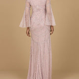 Long Sleeve Beaded Gown with Trumpet Sleeves