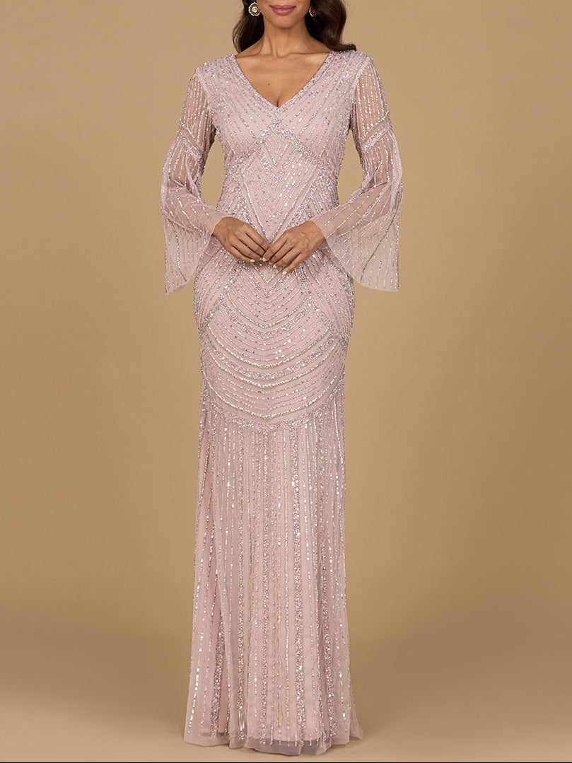 Long Sleeve Beaded Gown with Trumpet Sleeves