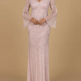 Long Sleeve Beaded Gown with Trumpet Sleeves