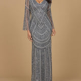 Long Sleeve Beaded Gown with Trumpet Sleeves