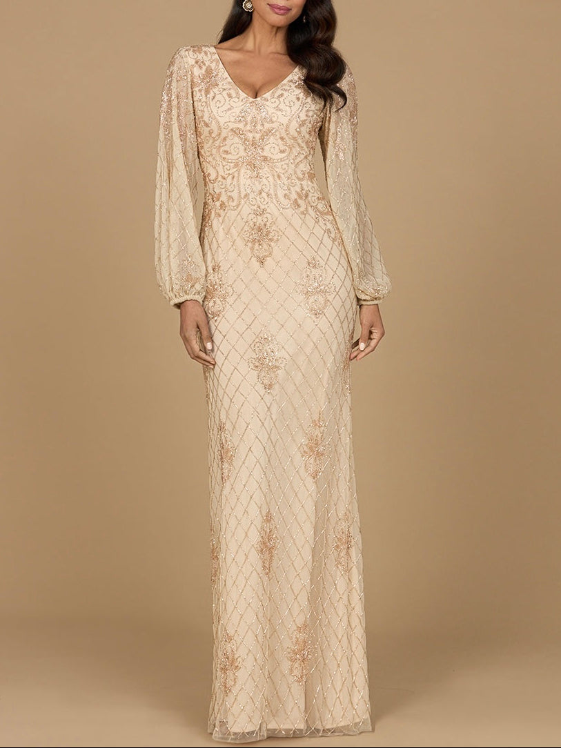 Long Sleeve Beaded Gown with Bishop Sleeves